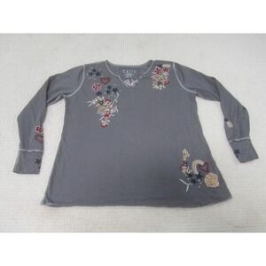 Caite‎ Shirt Womens Small Gray Embroidered Floral Long Sleeve Boho Artsy Top